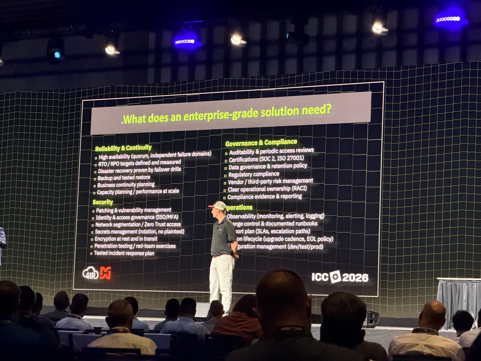 What an enterprise-grade solution needs Slide titled What does an enterprise-grade solution need, covering reliability, security, governance, and operations