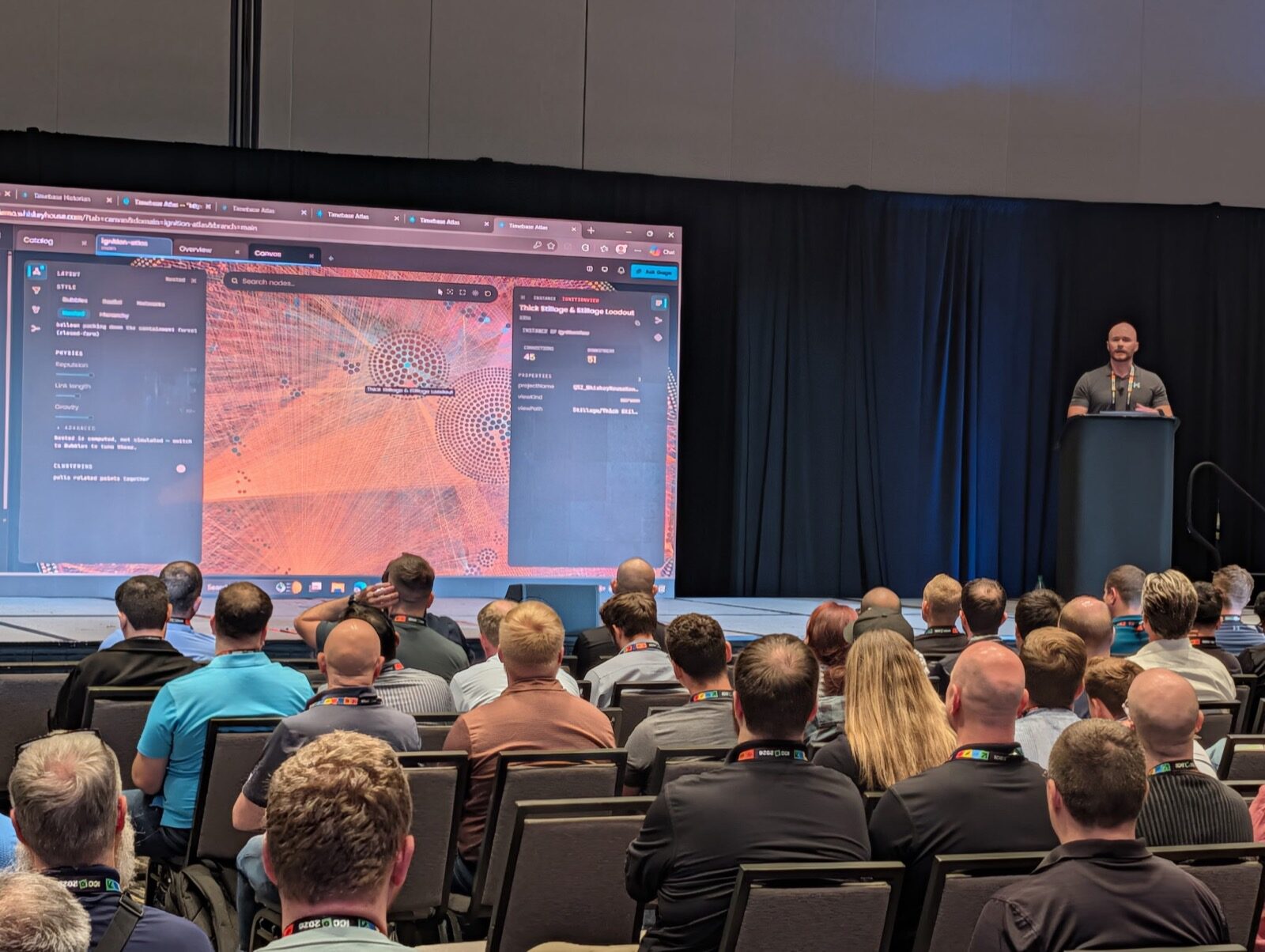 Timebase Atlas: the edges matter as much as the time series Patrick at the podium while a Timebase Atlas graph canvas of relationships fills the screen